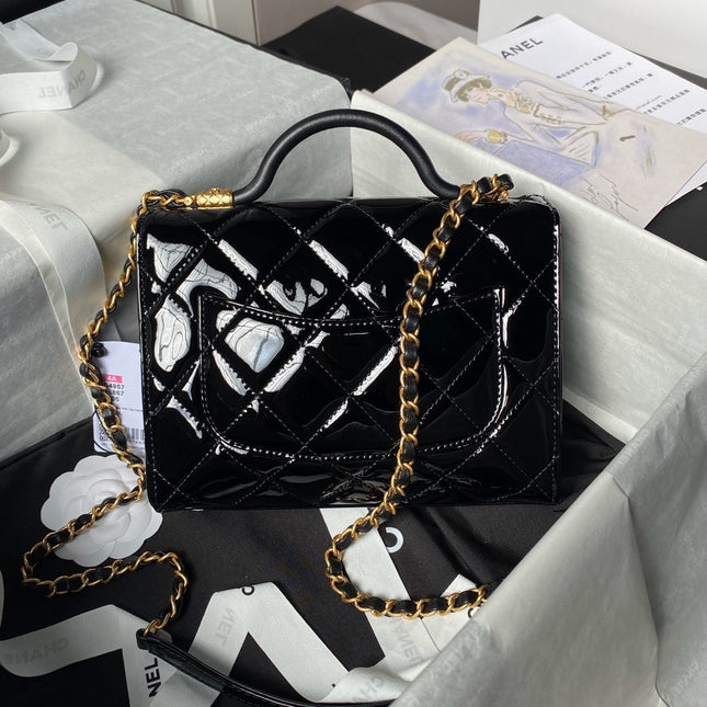 CHANEL 25S FLAP BAG 21 CM IN BLACK PATENT LAMBSKIN WITH TOP HANDLE