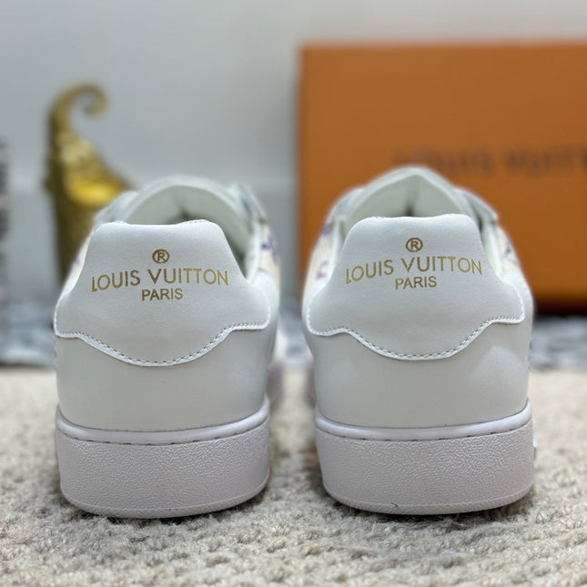 LV TRAINER SNEAKER WHITE CALFSKIN AND CAMEL BEIGE MONOGRAM CANVAS