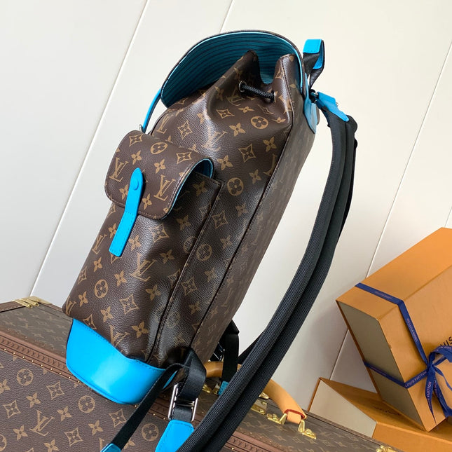 LV 25S CHRISTOPHER BACKPACK 48 IN BROWN AND CAPRI BLUE CANVAS MONOGRAM
