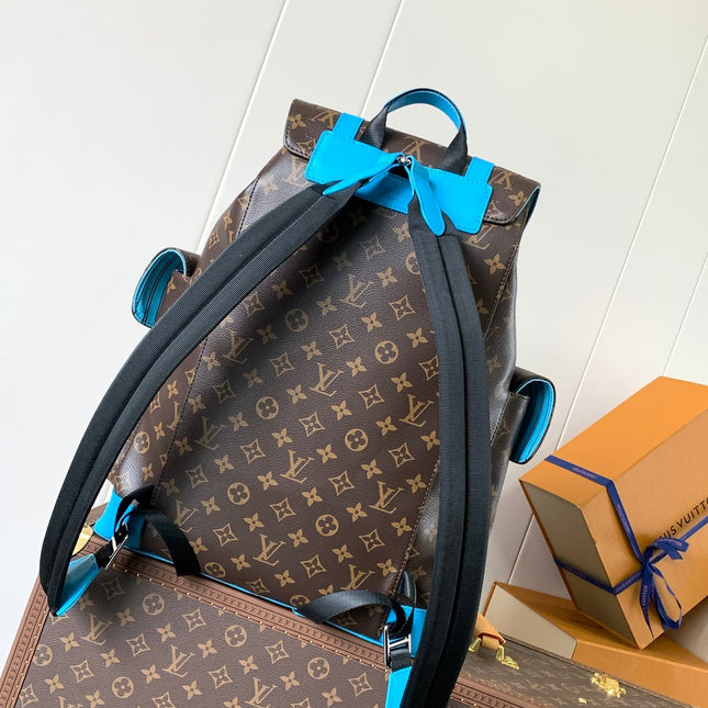 LV 25S CHRISTOPHER BACKPACK 48 IN BROWN AND CAPRI BLUE CANVAS MONOGRAM