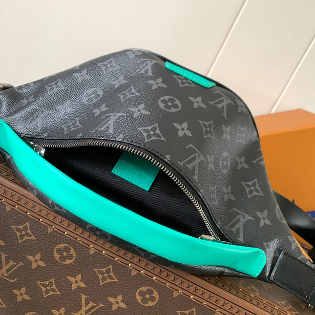 LV 25S DISCOVERY BUMBAG 44 IN BLACK AQUA MONOGRAM ECLIPSE CANVAS AND CALFSKIN