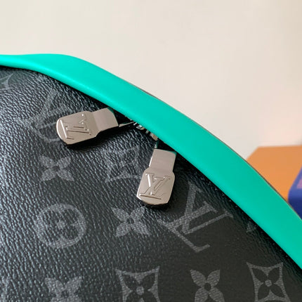 LV 25S DISCOVERY BUMBAG 44 IN BLACK AQUA MONOGRAM ECLIPSE CANVAS AND CALFSKIN