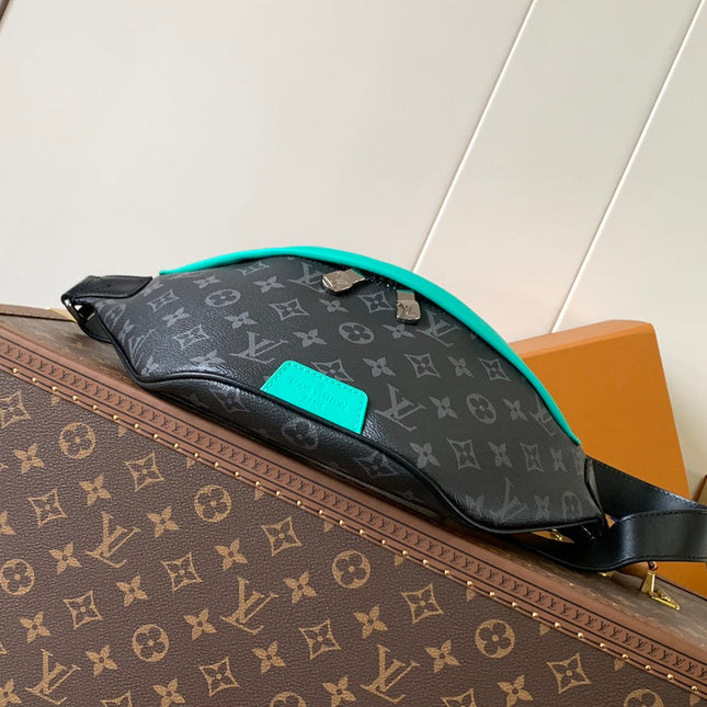 LV 25S DISCOVERY BUMBAG 44 IN BLACK AQUA MONOGRAM ECLIPSE CANVAS AND CALFSKIN