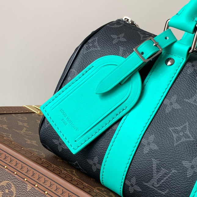 LV 25S KEEPALL 25 WITH SHOULDER STRAP IN BLACK AQUA COATED MONOGRAM ECLIPSE CANVAS AND CALFSKIN