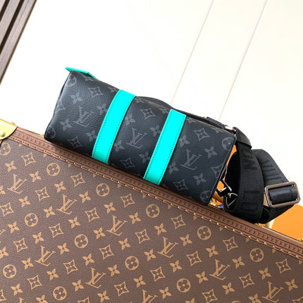 LV 25S KEEPALL 25 WITH SHOULDER STRAP IN BLACK AQUA COATED MONOGRAM ECLIPSE CANVAS AND CALFSKIN