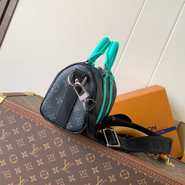 LV 25S KEEPALL 25 WITH SHOULDER STRAP IN BLACK AQUA COATED MONOGRAM ECLIPSE CANVAS AND CALFSKIN