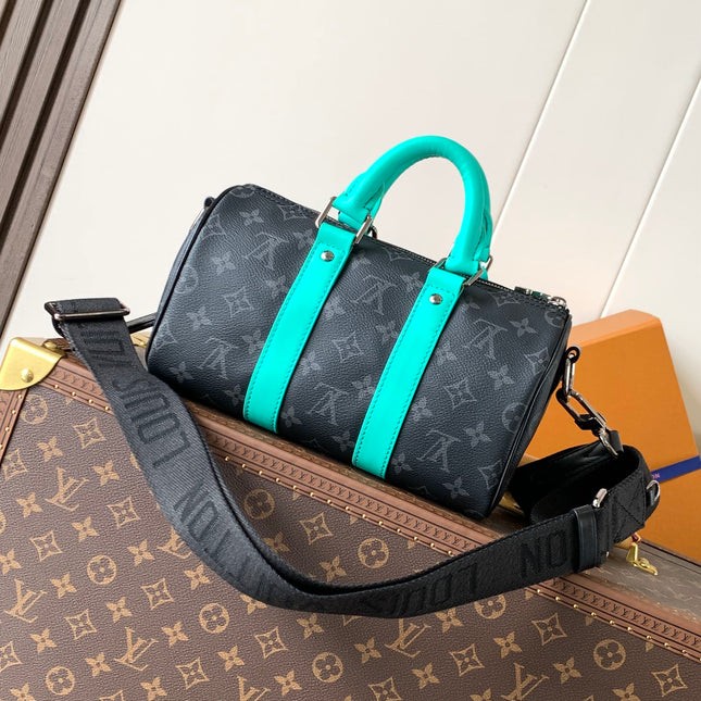 LV 25S KEEPALL 25 WITH SHOULDER STRAP IN BLACK AQUA COATED MONOGRAM ECLIPSE CANVAS AND CALFSKIN