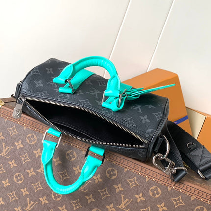 LV 25S KEEPALL 25 WITH SHOULDER STRAP IN BLACK AQUA COATED MONOGRAM ECLIPSE CANVAS AND CALFSKIN