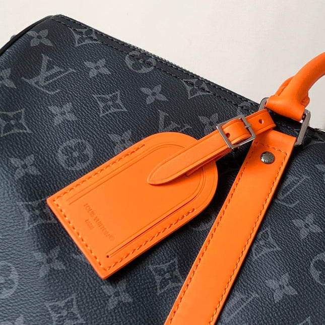 LV 25S KEEPALL 45 WITH SHOULDER STRAP IN BLACK ORANGE COATED MONOGRAM ECLIPSE CANVAS AND CALFSKIN