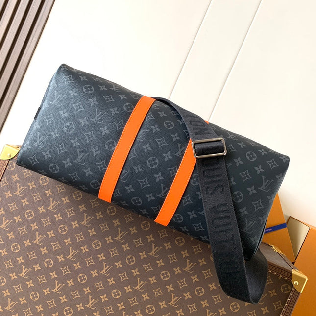 LV 25S KEEPALL 45 WITH SHOULDER STRAP IN BLACK ORANGE COATED MONOGRAM ECLIPSE CANVAS AND CALFSKIN