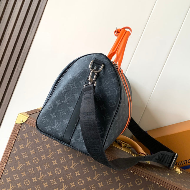 LV 25S KEEPALL 45 WITH SHOULDER STRAP IN BLACK ORANGE COATED MONOGRAM ECLIPSE CANVAS AND CALFSKIN