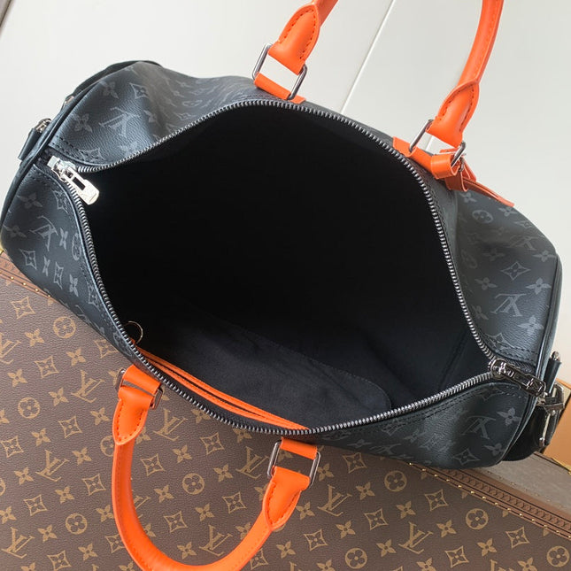 LV 25S KEEPALL 45 WITH SHOULDER STRAP IN BLACK ORANGE COATED MONOGRAM ECLIPSE CANVAS AND CALFSKIN