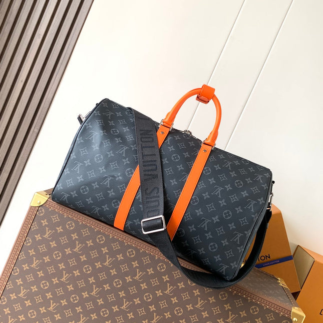 LV 25S KEEPALL 45 WITH SHOULDER STRAP IN BLACK ORANGE COATED MONOGRAM ECLIPSE CANVAS AND CALFSKIN