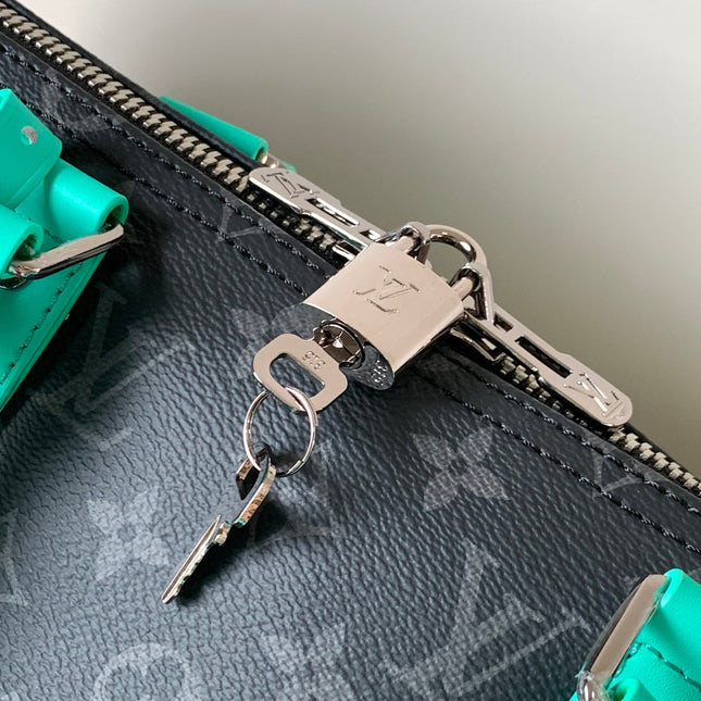 LV 25S KEEPALL 50 WITH SHOULDER STRAP IN BLACK AQUA COATED MONOGRAM ECLIPSE CANVAS AND CALFSKIN