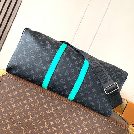 LV 25S KEEPALL 50 WITH SHOULDER STRAP IN BLACK AQUA COATED MONOGRAM ECLIPSE CANVAS AND CALFSKIN