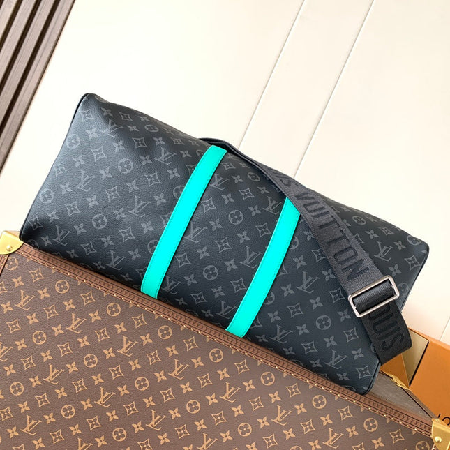 LV 25S KEEPALL 50 WITH SHOULDER STRAP IN BLACK AQUA COATED MONOGRAM ECLIPSE CANVAS AND CALFSKIN