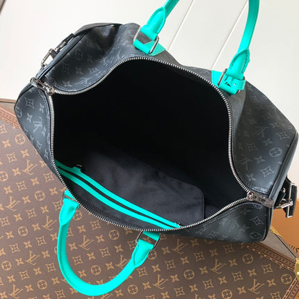 LV 25S KEEPALL 50 WITH SHOULDER STRAP IN BLACK AQUA COATED MONOGRAM ECLIPSE CANVAS AND CALFSKIN
