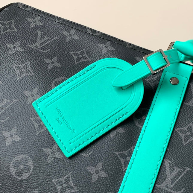 LV 25S KEEPALL 50 WITH SHOULDER STRAP IN BLACK AQUA COATED MONOGRAM ECLIPSE CANVAS AND CALFSKIN