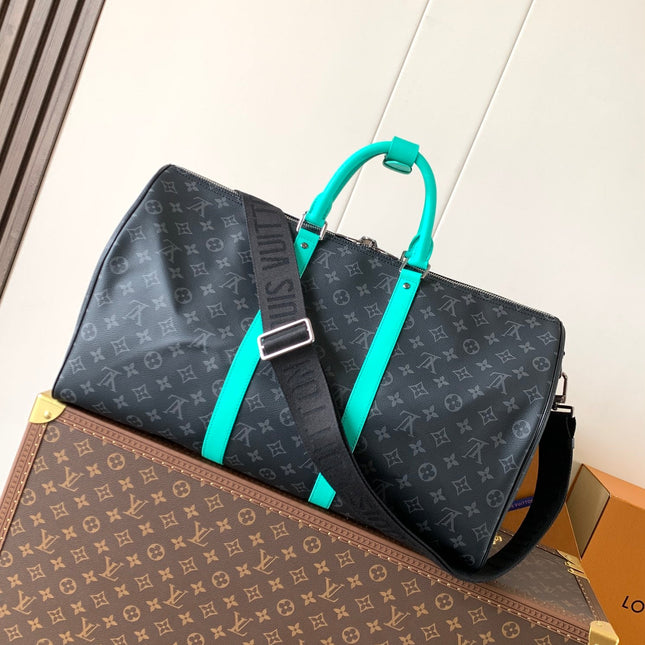LV 25S KEEPALL 50 WITH SHOULDER STRAP IN BLACK AQUA COATED MONOGRAM ECLIPSE CANVAS AND CALFSKIN