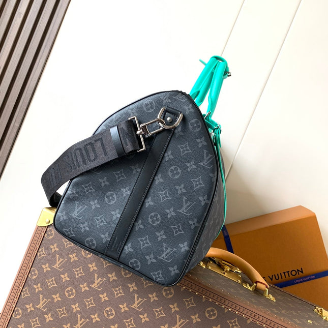 LV 25S KEEPALL 50 WITH SHOULDER STRAP IN BLACK AQUA COATED MONOGRAM ECLIPSE CANVAS AND CALFSKIN