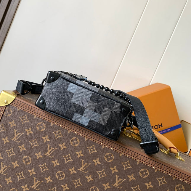 LV 25S MINI SOFT TRUNK BOX BAG 18 IN DAMOFLAGE BLACK CANVAS AND CALFSKIN