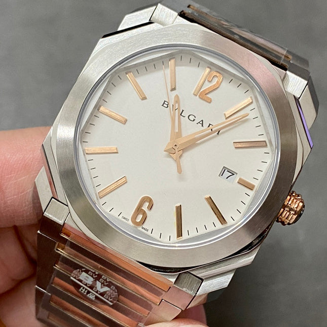 OCTO 41 AUTOMATIC ROSE GOLD AND STEEL WHITE DIAL