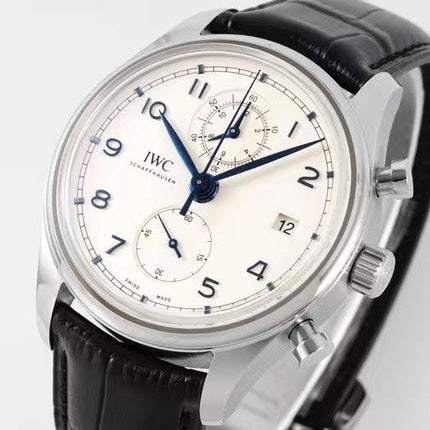PORTUGIESER CHRONOGRAPH CLASSIC 42 MM SILVER CASE WITH BLACK LEATHER STRAP AND WHITE DIAL