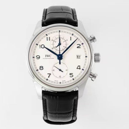 PORTUGIESER CHRONOGRAPH CLASSIC 42 MM SILVER CASE WITH BLACK LEATHER STRAP AND WHITE DIAL