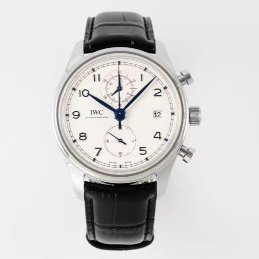 PORTUGIESER CHRONOGRAPH CLASSIC 42 MM SILVER CASE WITH BLACK LEATHER STRAP AND WHITE DIAL
