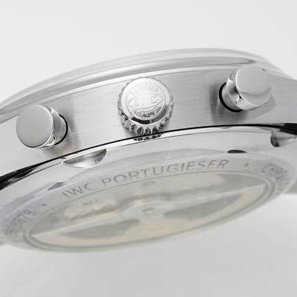 PORTUGIESER CHRONOGRAPH CLASSIC 42 MM SILVER CASE WITH BLACK LEATHER STRAP AND WHITE DIAL