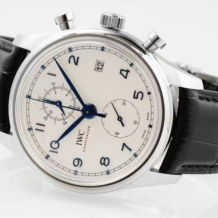 PORTUGIESER CHRONOGRAPH CLASSIC 42 MM SILVER CASE WITH BLACK LEATHER STRAP AND WHITE DIAL