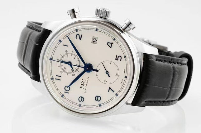 PORTUGIESER CHRONOGRAPH CLASSIC 42 MM SILVER CASE WITH BLACK LEATHER STRAP AND WHITE DIAL