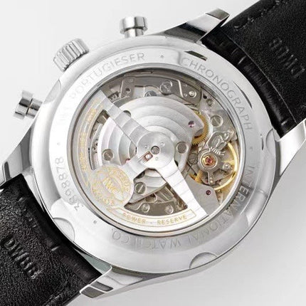 PORTUGIESER CHRONOGRAPH CLASSIC 42 MM SILVER CASE WITH BLACK LEATHER STRAP AND WHITE DIAL