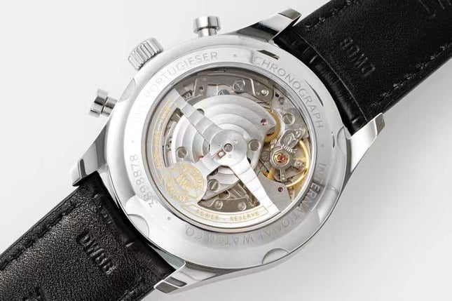 PORTUGIESER CHRONOGRAPH CLASSIC 42 MM SILVER CASE WITH BLACK LEATHER STRAP AND WHITE DIAL