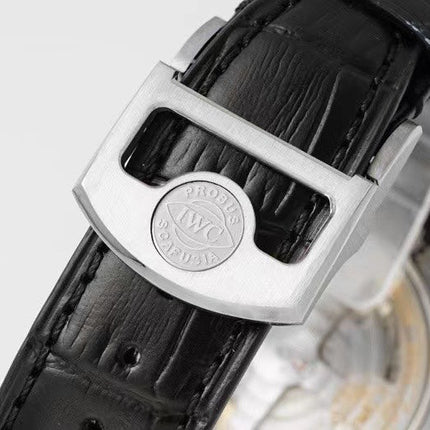 PORTUGIESER CHRONOGRAPH CLASSIC 42 MM SILVER CASE WITH BLACK LEATHER STRAP AND WHITE DIAL