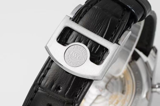 PORTUGIESER CHRONOGRAPH CLASSIC 42 MM SILVER CASE WITH BLACK LEATHER STRAP AND WHITE DIAL