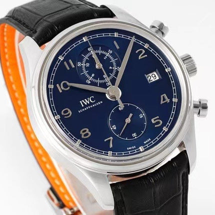 PORTUGIESER CHRONOGRAPH CLASSIC 42 MM SILVER CASE WITH BLACK LEATHER STRAP AND NAVY BLUE DIAL