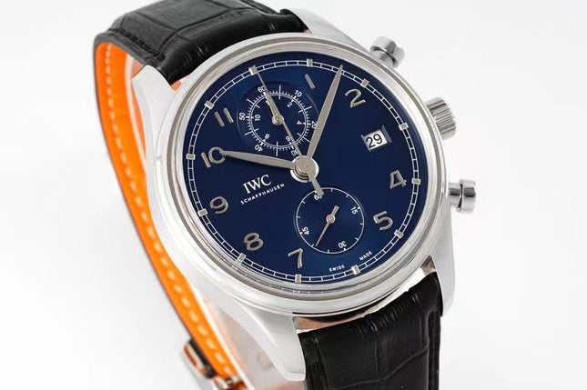 PORTUGIESER CHRONOGRAPH CLASSIC 42 MM SILVER CASE WITH BLACK LEATHER STRAP AND NAVY BLUE DIAL