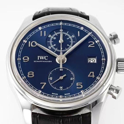 PORTUGIESER CHRONOGRAPH CLASSIC 42 MM SILVER CASE WITH BLACK LEATHER STRAP AND NAVY BLUE DIAL