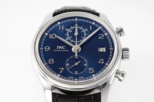 PORTUGIESER CHRONOGRAPH CLASSIC 42 MM SILVER CASE WITH BLACK LEATHER STRAP AND NAVY BLUE DIAL