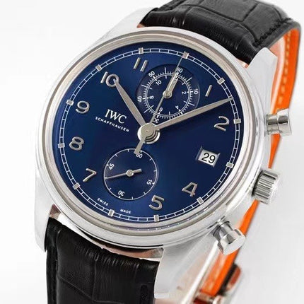PORTUGIESER CHRONOGRAPH CLASSIC 42 MM SILVER CASE WITH BLACK LEATHER STRAP AND NAVY BLUE DIAL