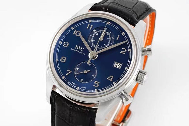 PORTUGIESER CHRONOGRAPH CLASSIC 42 MM SILVER CASE WITH BLACK LEATHER STRAP AND NAVY BLUE DIAL