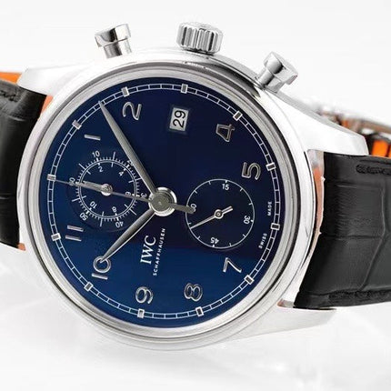 PORTUGIESER CHRONOGRAPH CLASSIC 42 MM SILVER CASE WITH BLACK LEATHER STRAP AND NAVY BLUE DIAL