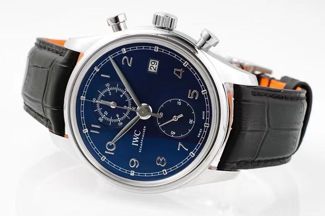 PORTUGIESER CHRONOGRAPH CLASSIC 42 MM SILVER CASE WITH BLACK LEATHER STRAP AND NAVY BLUE DIAL