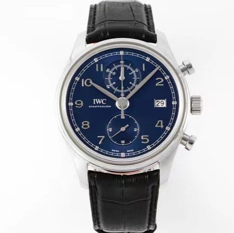 PORTUGIESER CHRONOGRAPH CLASSIC 42 MM SILVER CASE WITH BLACK LEATHER STRAP AND NAVY BLUE DIAL