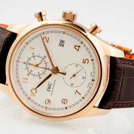 PORTUGIESER CHRONOGRAPH CLASSIC 42 MM GOLD CASE WITH BROWN LEATHER STRAP