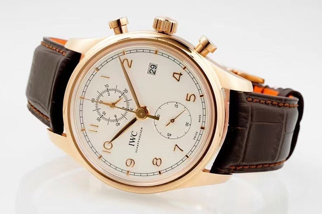 PORTUGIESER CHRONOGRAPH CLASSIC 42 MM GOLD CASE WITH BROWN LEATHER STRAP