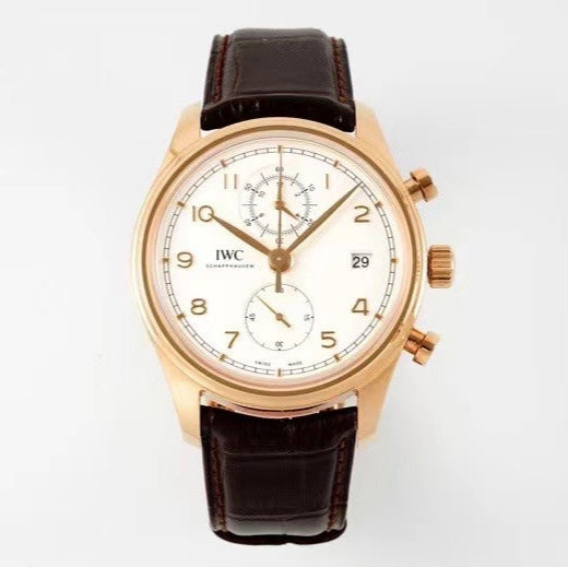 PORTUGIESER CHRONOGRAPH CLASSIC 42 MM GOLD CASE WITH BROWN LEATHER STRAP