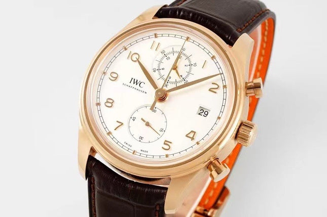 PORTUGIESER CHRONOGRAPH CLASSIC 42 MM GOLD CASE WITH BROWN LEATHER STRAP