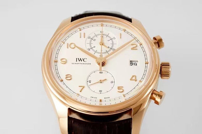 PORTUGIESER CHRONOGRAPH CLASSIC 42 MM GOLD CASE WITH BROWN LEATHER STRAP